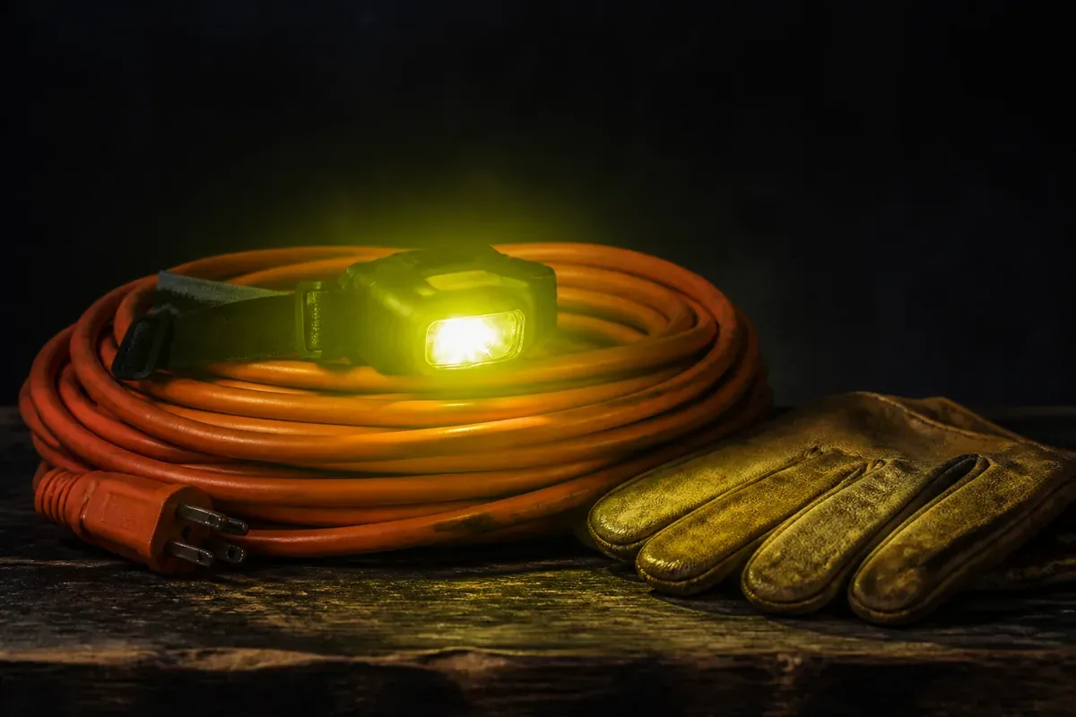Rallonge électrique enroulée, lampe frontale allumée et gants de travail sur un établi