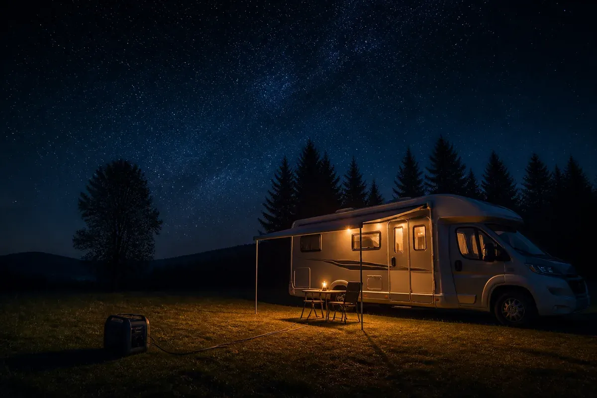 Camping-car de nuit sous les étoiles, petit groupe électrogène posé à distance sur l'herbe